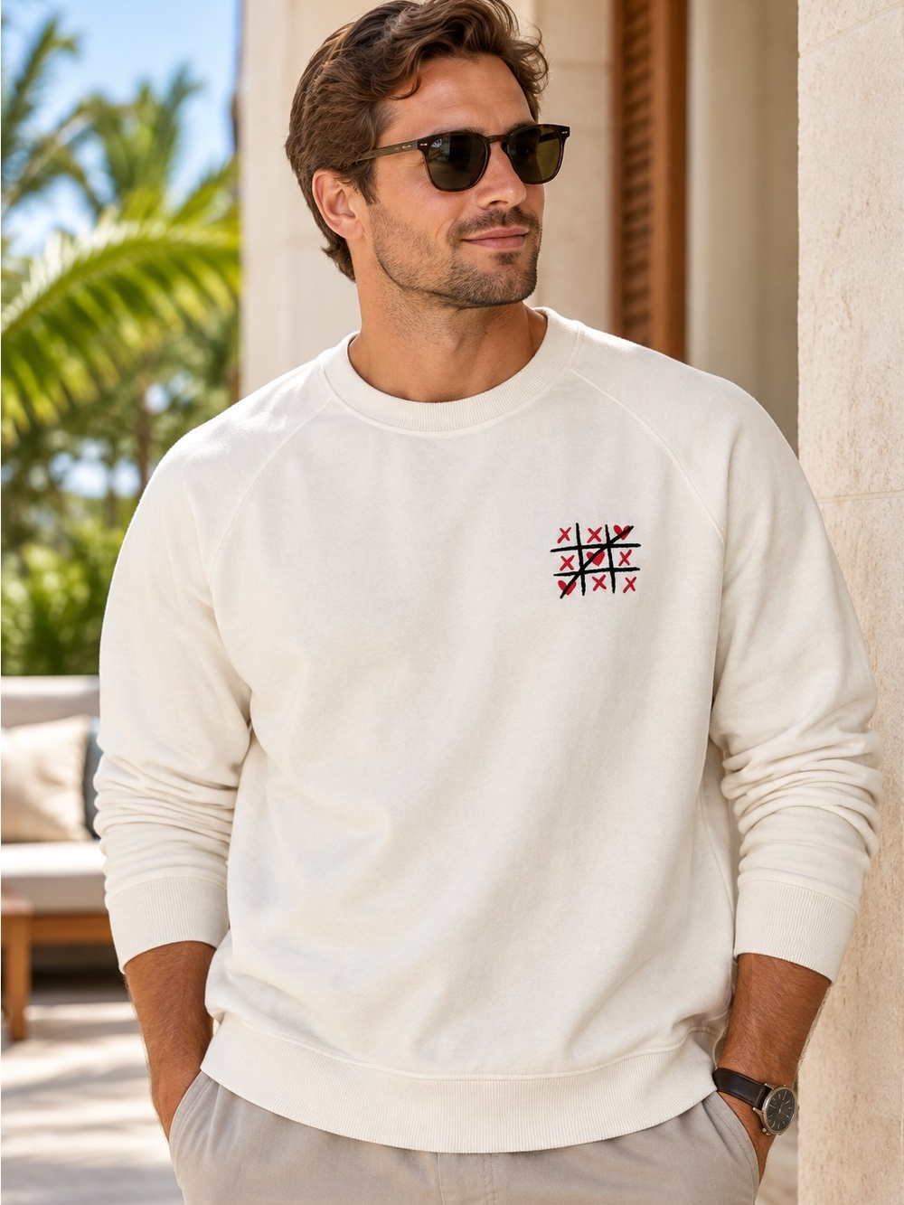Goodfellow & Co Men’s XL Cream Tic Tac Toe Embroidered Sweatshirt NWT